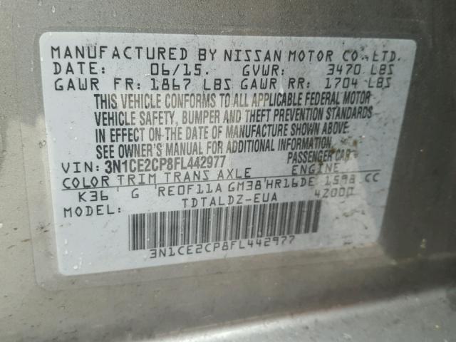 3N1CE2CP8FL442977 - 2015 NISSAN VERSA NOTE GRAY photo 10