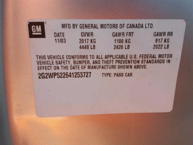 2G2WP522641253727 - 2004 PONTIAC GRAND PRIX ვერცხლისფერი ფოტო 10