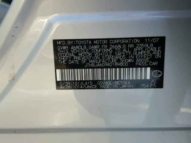 JTHBJ46G982189800 - 2008 LEXUS ES 350 SILVER photo 10