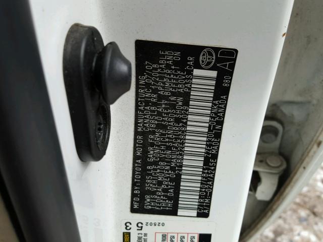 2T1BR32E58C874029 - 2008 TOYOTA COROLLA CE WHITE photo 10