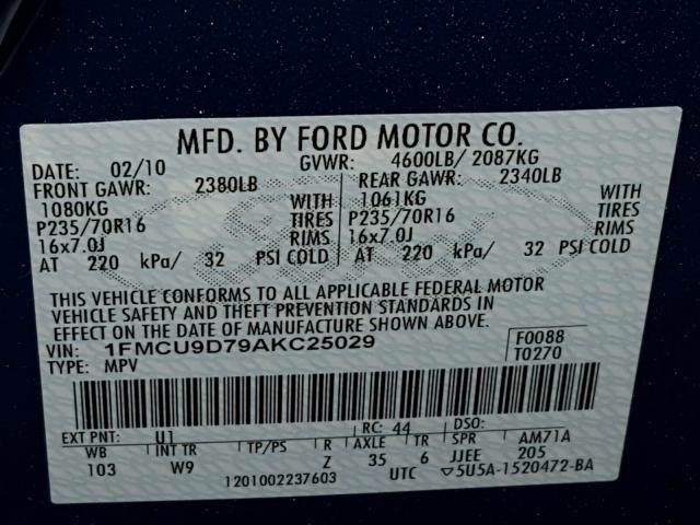 1FMCU9D79AKC25029 - 2010 FORD ESCAPE XLT BLUE photo 10