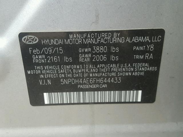 5NPDH4AE6FH644433 - 2015 HYUNDAI ELANTRA SE SILVER photo 10