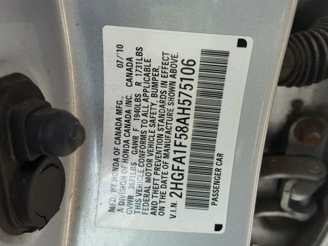 2HGFA1F58AH575106 - 2010 HONDA CIVIC LX SILVER photo 10