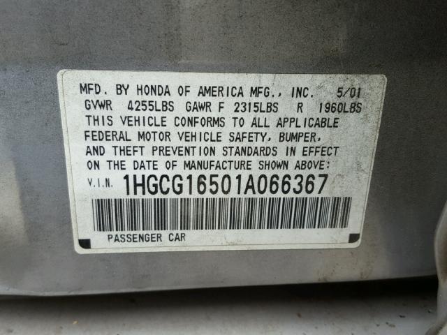 1HGCG16501A066367 - 2001 HONDA ACCORD EX SILVER photo 10