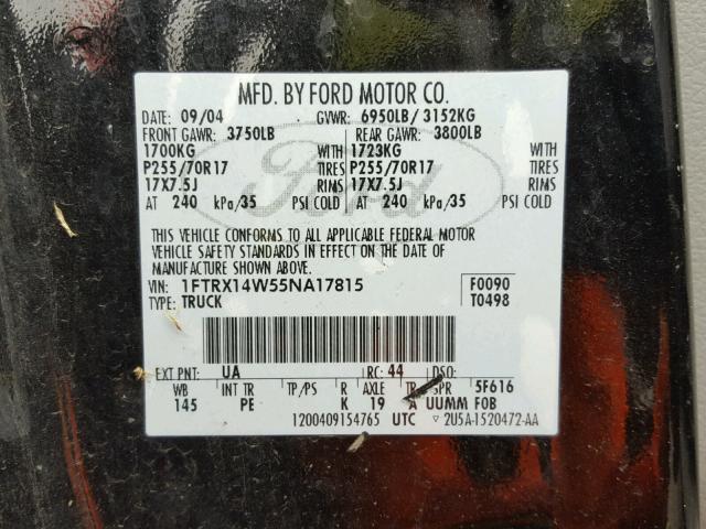 1FTRX14W55NA17815 - 2005 FORD F150 BLACK photo 10