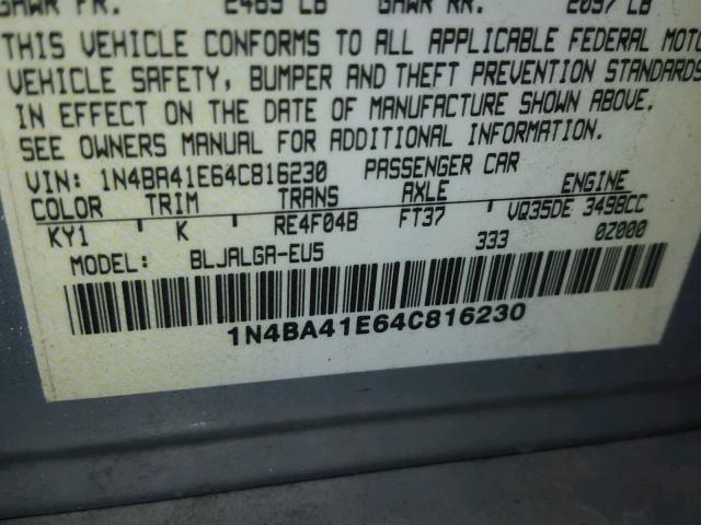 1N4BA41E64C816230 - 2004 NISSAN MAXIMA SE SILVER photo 10