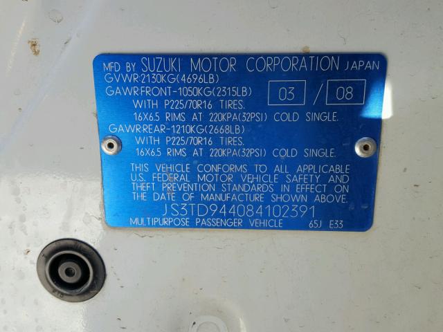 JS3TD944084102391 - 2008 SUZUKI GRAND VITA WHITE photo 10