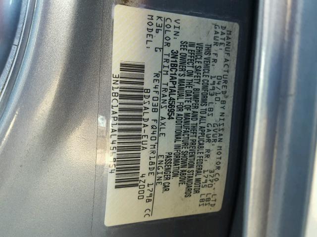 3N1BC1AP1AL456954 - 2010 NISSAN VERSA S GRAY photo 10