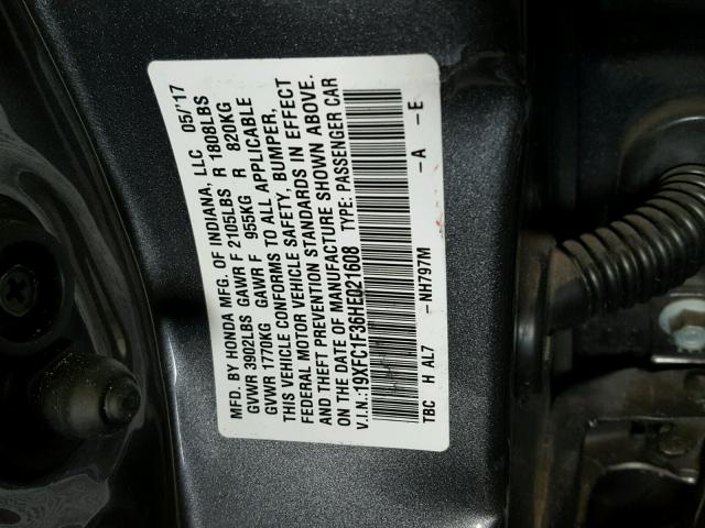 19XFC1F36HE021608 - 2017 HONDA CIVIC EX ნაცრისფერი ფოტო 10