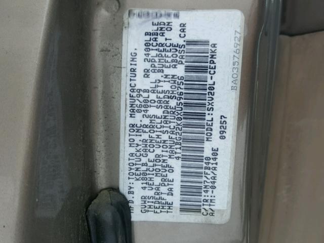 4T1BG22K0XU596756 - 1999 TOYOTA CAMRY CE TAN photo 10