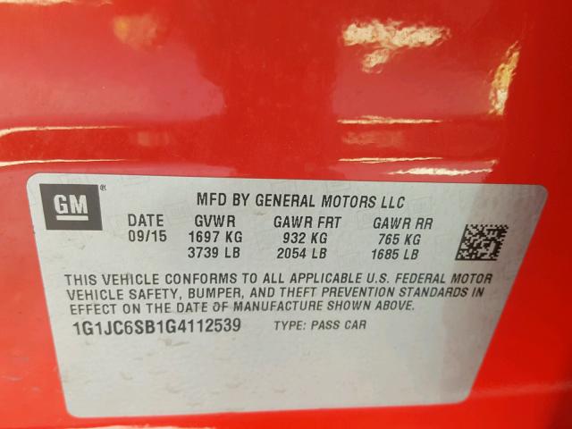 1G1JC6SB1G4112539 - 2016 CHEVROLET SONIC LT RED photo 10