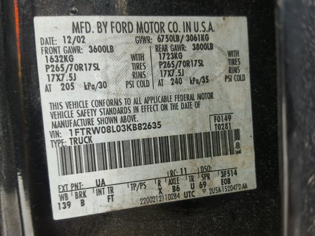 1FTRW08L03KB82635 - 2003 FORD F150 SUPER BLACK photo 10