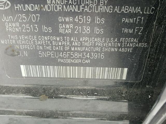 5NPEU46F58H343916 - 2008 HYUNDAI SONATA SE BLACK photo 10