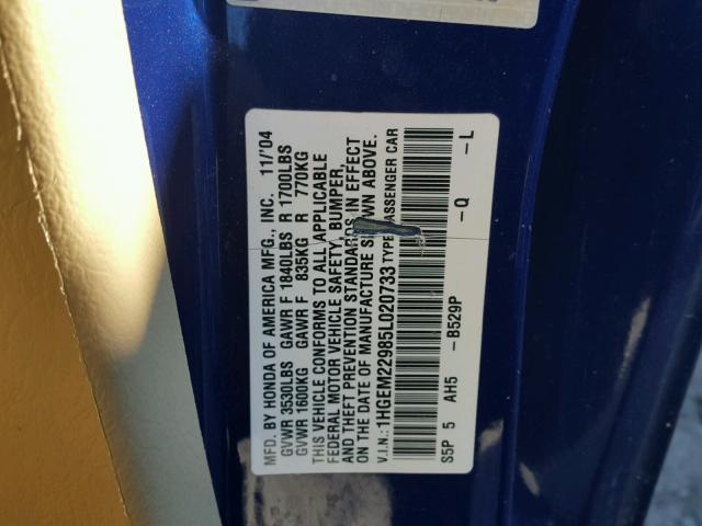 1HGEM22985L020733 - 2005 HONDA CIVIC EX 蓝色 照片 10