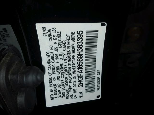 2HGFA16569H363395 - 2009 HONDA CIVIC LX BLACK photo 10