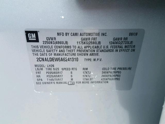 2CNALDEW6A6241310 - 2010 CHEVROLET EQUINOX LT SILVER photo 10