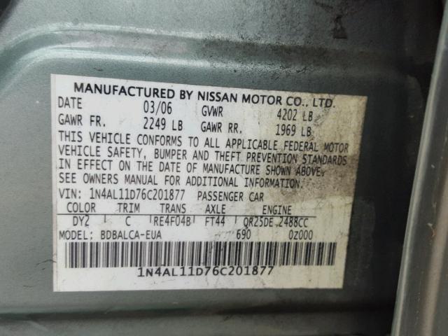 1N4AL11D76C201877 - 2006 NISSAN ALTIMA S GREEN photo 10