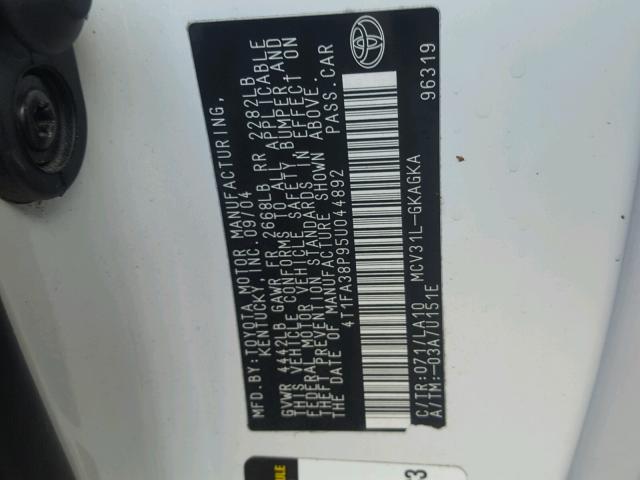 4T1FA38P95U044892 - 2005 TOYOTA CAMRY SOLA WHITE photo 10