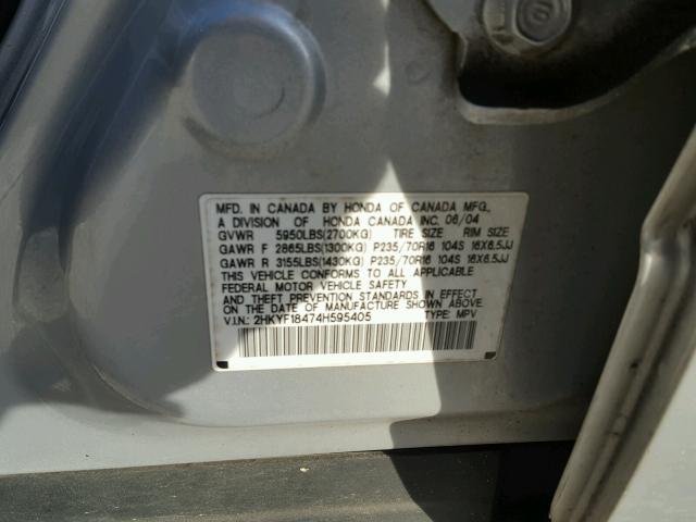 2HKYF18474H595405 - 2004 HONDA PILOT EX SILVER photo 10