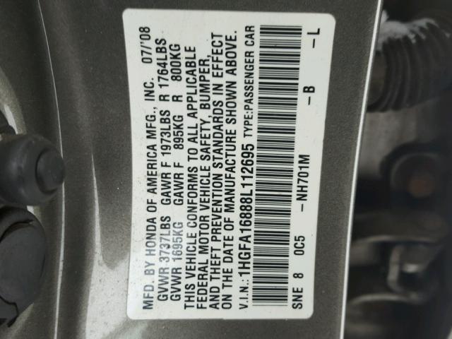 1HGFA16888L112695 - 2008 HONDA CIVIC EX გრაფიტი ფოტო 10