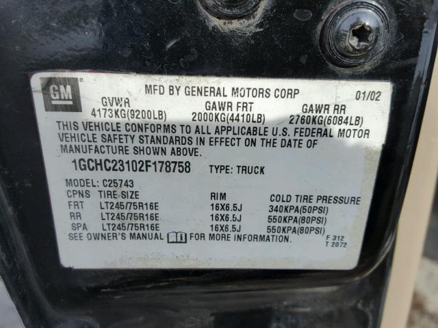 1GCHC23102F178758 - 2002 CHEVROLET SILVERADO BLACK photo 10