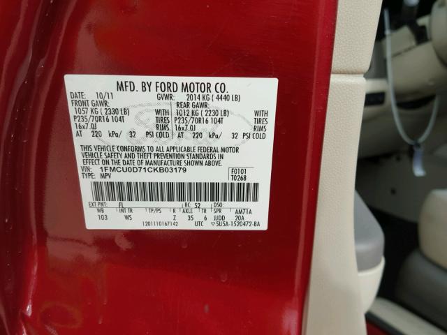 1FMCU0D71CKB03179 - 2012 FORD ESCAPE XLT RED photo 10