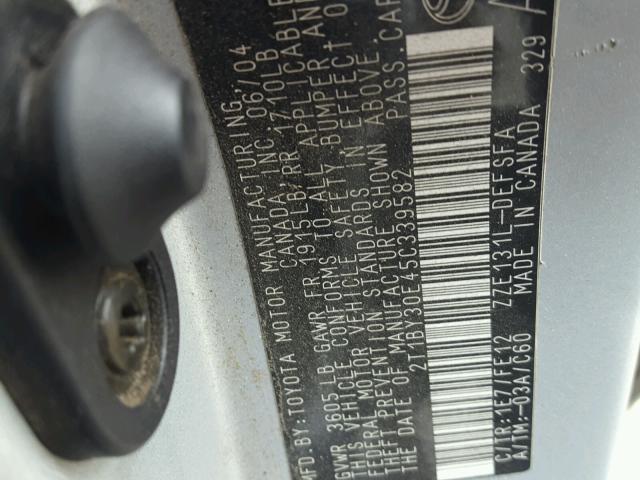 2T1BY30E45C339582 - 2005 TOYOTA COROLLA XR SILVER photo 10