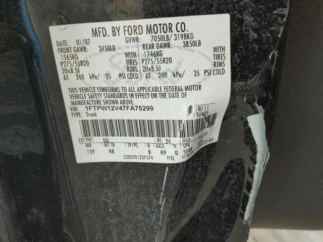 1FTPW12V47FA75299 - 2007 FORD F150 SUPER BLACK photo 10