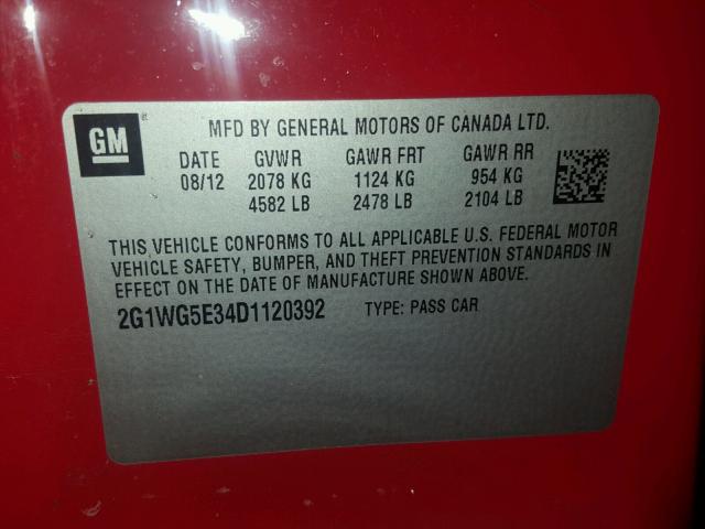 2G1WG5E34D1120392 - 2013 CHEVROLET IMPALA LT RED photo 10