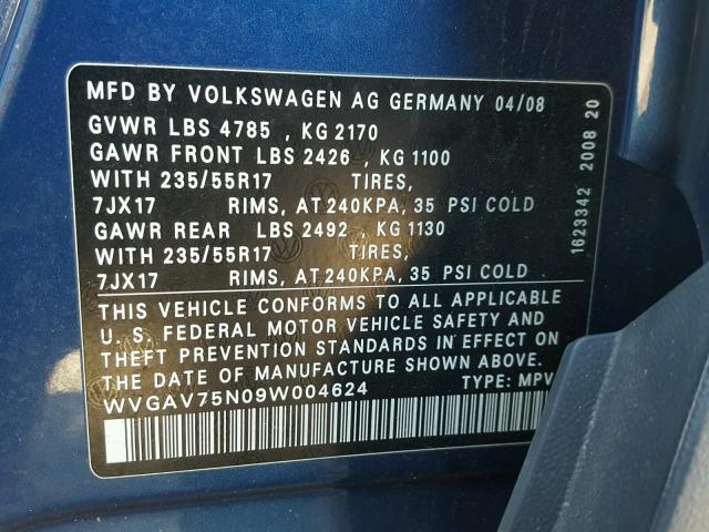 WVGAV75N09W004624 - 2009 VOLKSWAGEN TIGUAN S BLUE photo 10