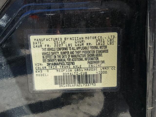 3N1AB6APXCL733793 - 2012 NISSAN SENTRA 2.0 BLACK photo 10