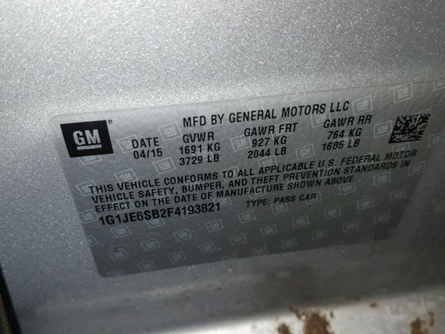 1G1JE6SB2F4193821 - 2015 CHEVROLET SONIC LTZ GRAY photo 10