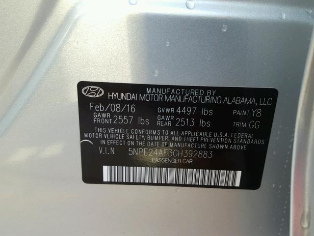 5NPE24AF3GH392883 - 2016 HYUNDAI SONATA SE SILVER photo 10