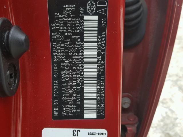 2T1BU4EE3CC890920 - 2012 TOYOTA COROLLA BA RED photo 10