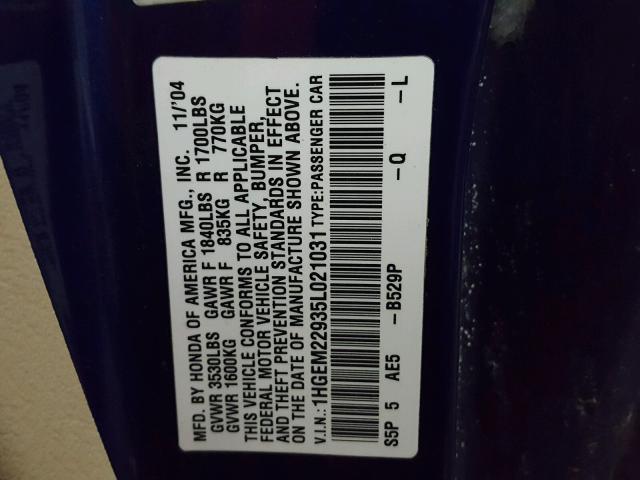 1HGEM22935L021031 - 2005 HONDA CIVIC EX Կապույտ լուսանկար 10