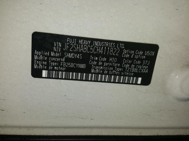 JF2SHABC5CH411822 - 2012 SUBARU FORESTER 2 WHITE photo 10