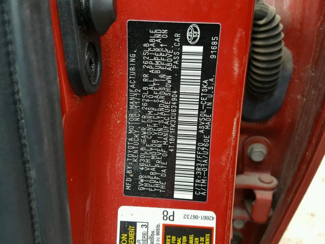 4T1BF1FK3CU634904 - 2012 TOYOTA CAMRY BASE RED photo 10