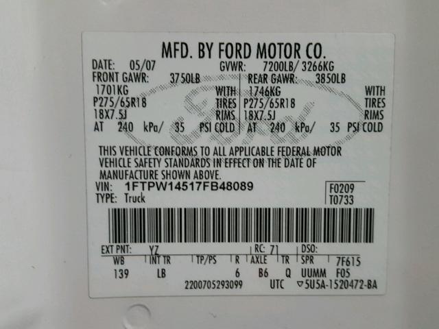 1FTPW14517FB48089 - 2007 FORD F150 WHITE photo 10