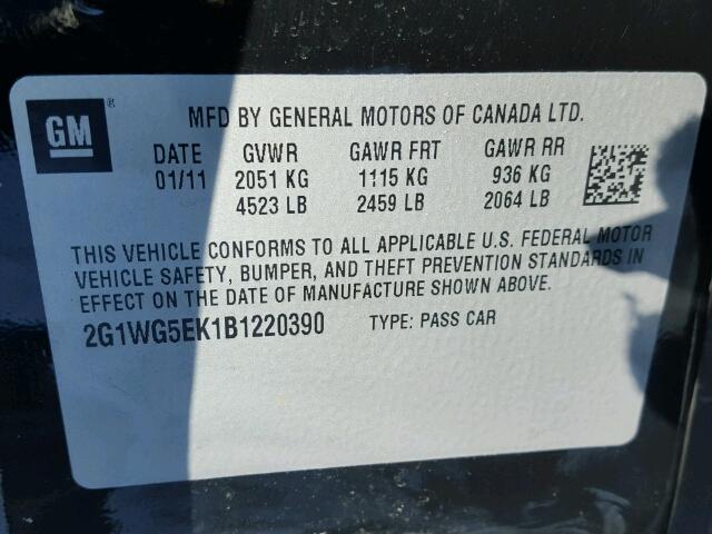 2G1WG5EK1B1220390 - 2011 CHEVROLET IMPALA LT BLACK photo 10