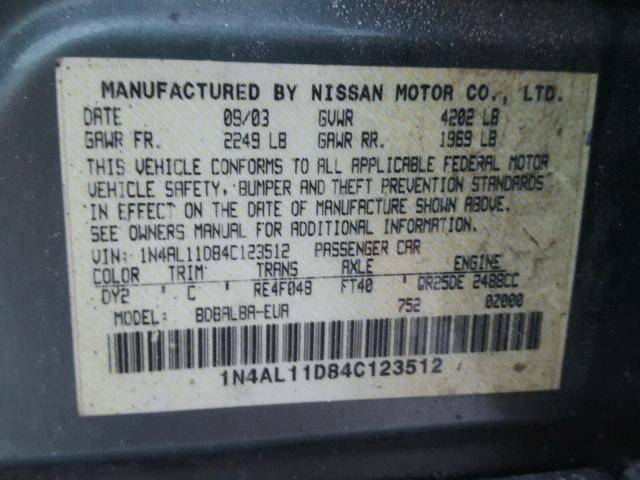 1N4AL11D84C123512 - 2004 NISSAN ALTIMA BAS GRAY photo 10