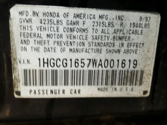 1HGCG1657WA001619 - 1998 HONDA ACCORD EX BLACK photo 10