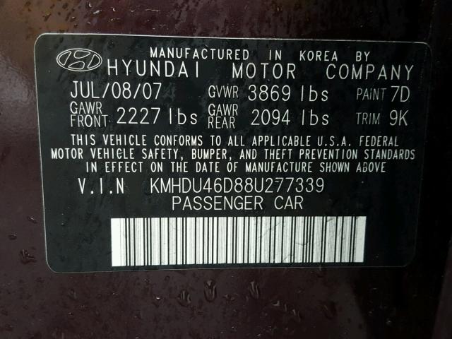 KMHDU46D88U277339 - 2008 HYUNDAI ELANTRA GL PURPLE photo 10