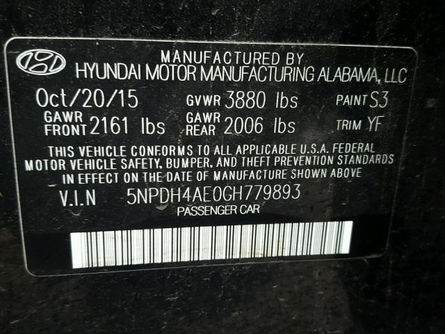 5NPDH4AE0GH779893 - 2016 HYUNDAI ELANTRA SE BLACK photo 10