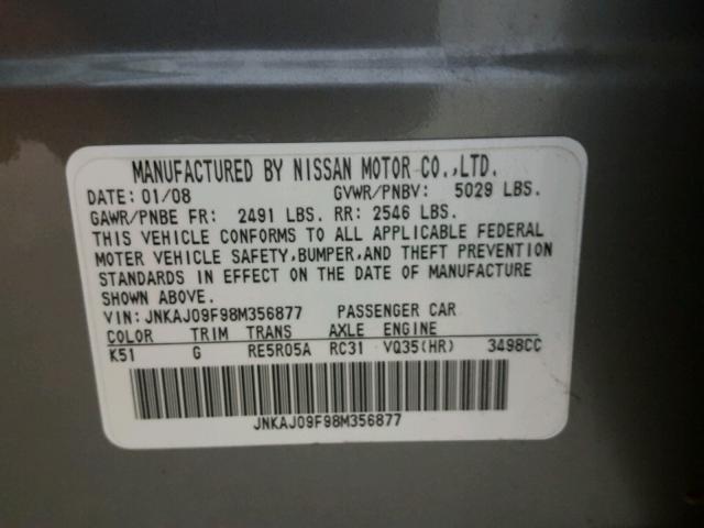 JNKAJ09F98M356877 - 2008 INFINITI EX35 BASE GRAY photo 10