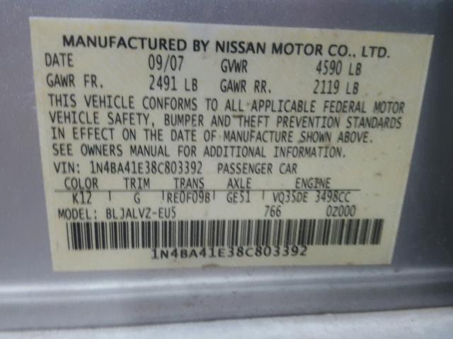 1N4BA41E38C803392 - 2008 NISSAN MAXIMA SE SILVER photo 10