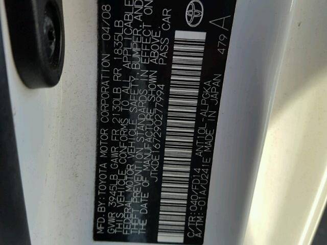 JTKDE167290277994 - 2009 TOYOTA SCION TC 白色 照片 10