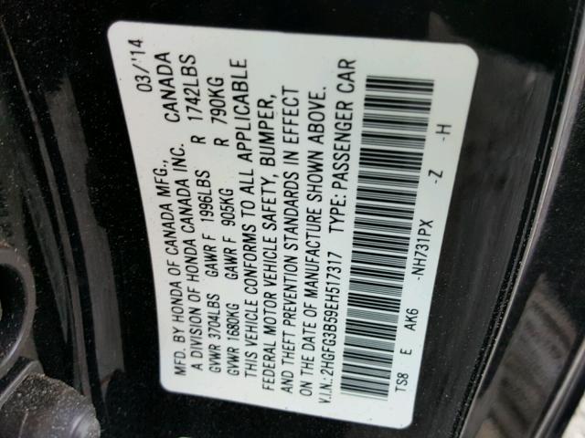 2HGFG3B59EH517317 - 2014 HONDA CIVIC LX BLACK photo 10