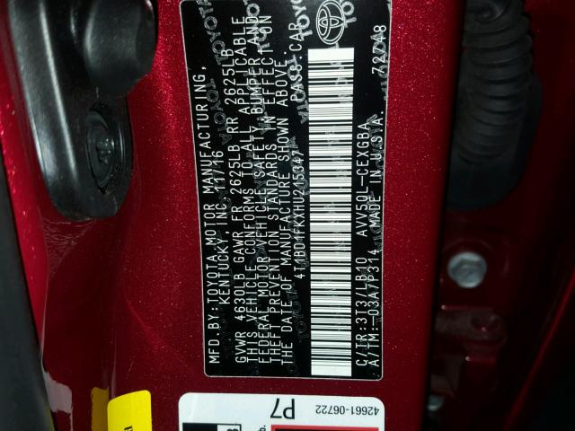 4T1BD1FKXHU215347 - 2017 TOYOTA CAMRY HYBR RED photo 10