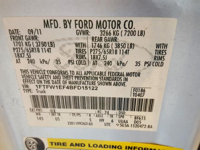 1FTFW1EF4BFD15122 - 2011 FORD F150 SUPER SILVER photo 10