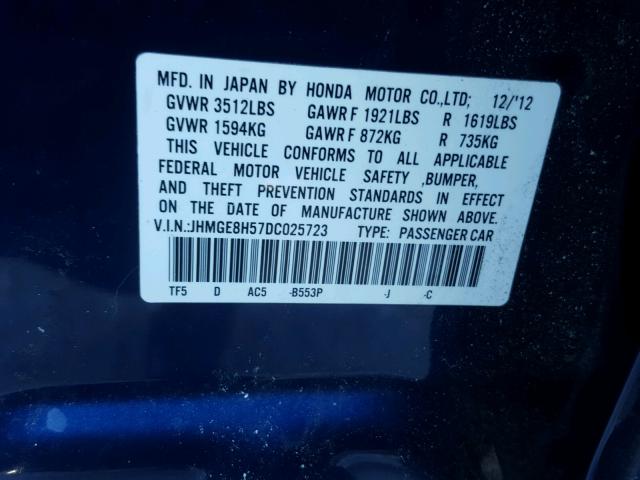 JHMGE8H57DC025723 - 2013 HONDA FIT SPORT BLUE photo 10